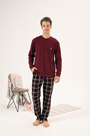 Erkek Kışlık Düğmeli Yaka Kareli Alt Süper Soft İnterlok Pijama Takımı Bordo