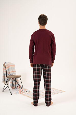 Erkek Kışlık Düğmeli Yaka Kareli Alt Süper Soft İnterlok Pijama Takımı Bordo