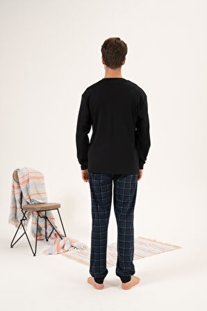 Erkek Kışlık Düğmeli Yaka Kareli Alt Süper Soft İnterlok Pijama Takımı Siyah