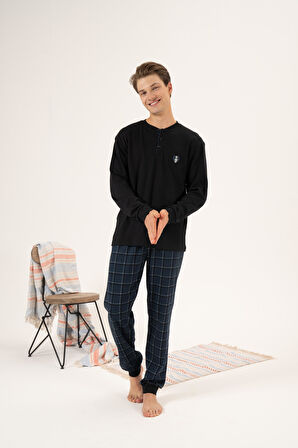 Erkek Kışlık Düğmeli Yaka Kareli Alt Süper Soft İnterlok Pijama Takımı Siyah