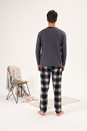 Erkek Kışlık Düğmeli Yaka Kareli Alt Polar Pijama Takımı