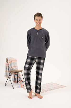 Erkek Kışlık Düğmeli Yaka Kareli Alt Polar Pijama Takımı