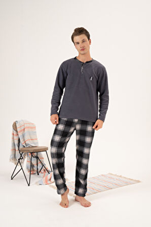 Erkek Kışlık Düğmeli Yaka Kareli Alt Polar Pijama Takımı