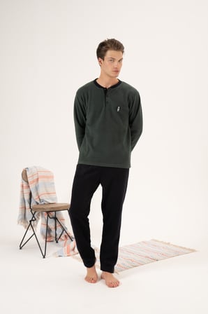 Erkek Kışlık Düğmeli Yaka Polar Pijama Takımı