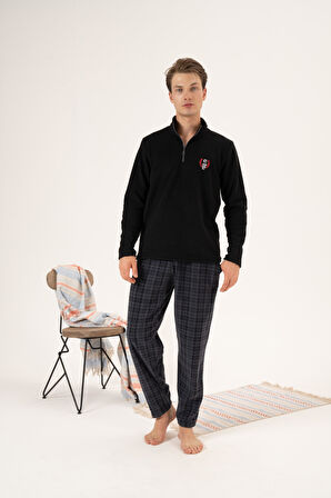 Erkek Kışlık Fermuarlı Yaka Kareli Alt Polar Pijama Takımı Siyah