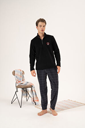 Erkek Kışlık Fermuarlı Yaka Kareli Alt Polar Pijama Takımı Siyah