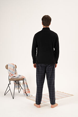 Erkek Kışlık Fermuarlı Yaka Kareli Alt Polar Pijama Takımı Siyah