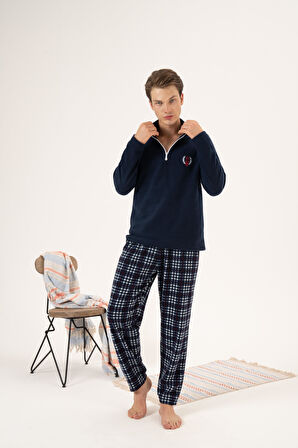 Erkek Kışlık Fermuarlı Yaka Kareli Alt Polar Pijama Takımı Lacivert