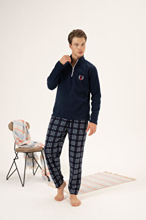 Erkek Kışlık Fermuarlı Yaka Kareli Alt Polar Pijama Takımı Lacivert