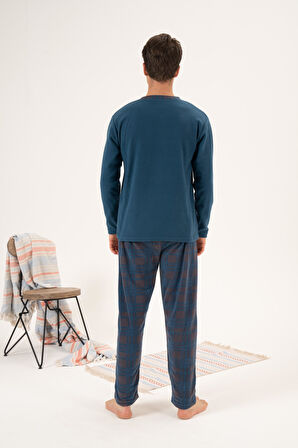 Erkek Kışlık Düğmeli Yaka Kareli Alt Polar Pijama Takımı