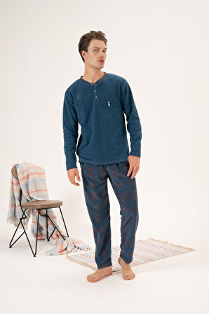 Erkek Kışlık Düğmeli Yaka Kareli Alt Polar Pijama Takımı