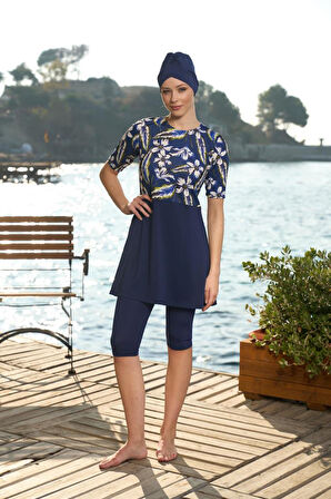 Estiva Kadın Boneli Yarım Kol Çiçek Desenli Taytlı Mayo Lacivert