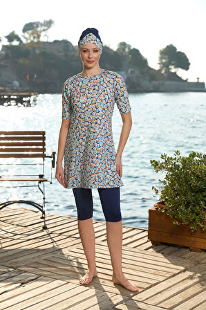 Estiva Kadın Boneli Yarım Kol Dijital Desenli Taytlı Mayo Lacivert
