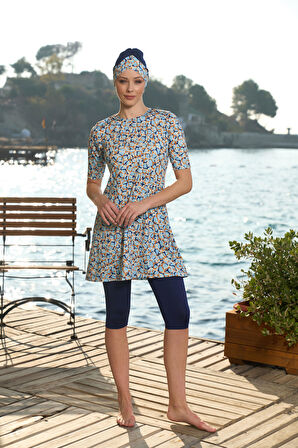 Estiva Kadın Boneli Yarım Kol Dijital Desenli Taytlı Mayo Lacivert