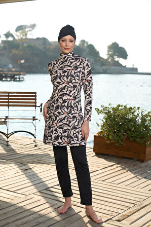 Estiva Kadın Tam Kapalı Dijital Desenli Tesettür Mayo Siyah