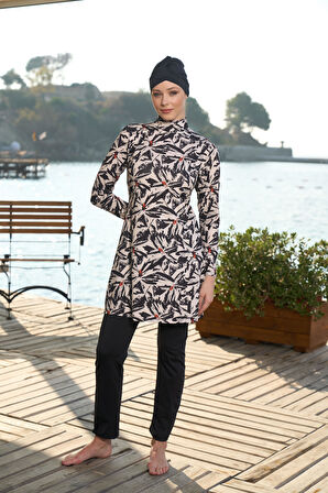 Estiva Kadın Tam Kapalı Dijital Desenli Tesettür Mayo Siyah