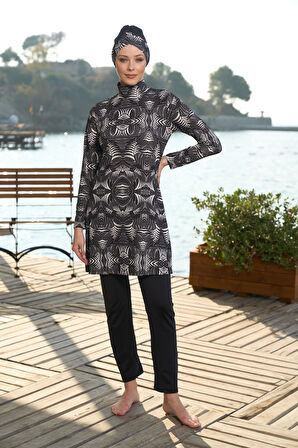 Estiva Kadın Tam Kapalı Geometrik Desenli Tesettür Mayo Siyah