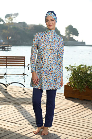 Estiva Kadın Tam Kapalı Dijital Desenli Tesettür Mayo Lacivert