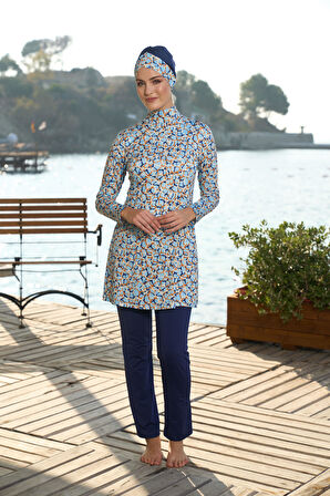 Estiva Kadın Tam Kapalı Dijital Desenli Tesettür Mayo Lacivert