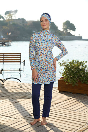 Estiva Kadın Tam Kapalı Dijital Desenli Tesettür Mayo Lacivert