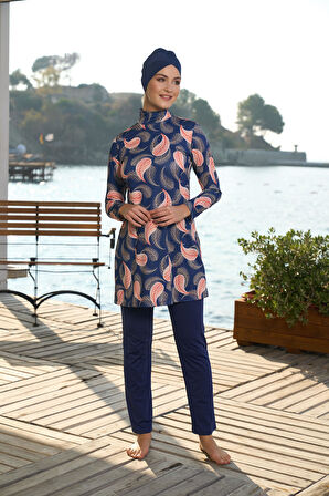 Estiva Kadın Tam Kapalı Yaprak Desenli Tesettür Mayo Lacivert