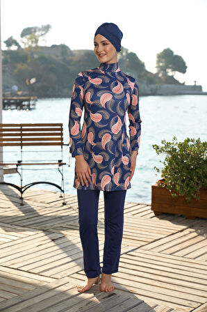 Estiva Kadın Tam Kapalı Yaprak Desenli Tesettür Mayo Lacivert