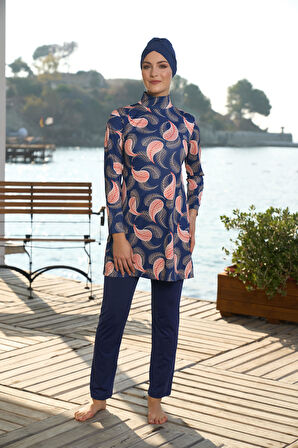 Estiva Kadın Tam Kapalı Yaprak Desenli Tesettür Mayo Lacivert