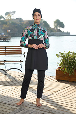 Estiva Kadın Tam Kapalı Yarım Fermuarlı Palmiye Desenli Tesettür Mayo Siyah