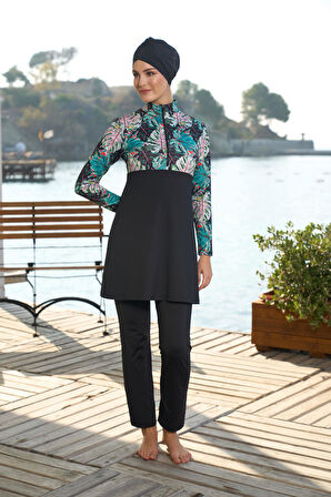 Estiva Kadın Tam Kapalı Yarım Fermuarlı Palmiye Desenli Tesettür Mayo Siyah