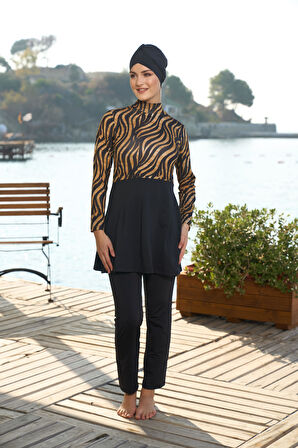 Estiva Kadın Tam Kapalı Kaplan Desenli Tesettür Mayo Siyah