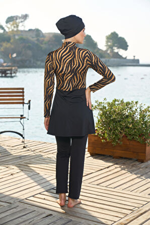 Estiva Kadın Tam Kapalı Kaplan Desenli Tesettür Mayo Siyah