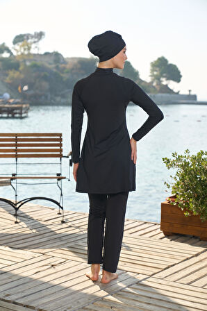 Estiva Kadın Tam Kapalı Yarım Fermuarlı Halka Desenli Tesettür Mayo Siyah