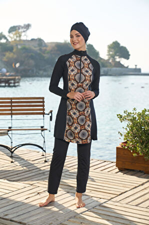 Estiva Kadın Tam Kapalı Yarım Fermuarlı Halka Desenli Tesettür Mayo Siyah