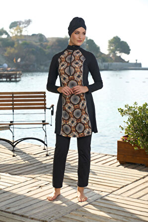 Estiva Kadın Tam Kapalı Yarım Fermuarlı Halka Desenli Tesettür Mayo Siyah