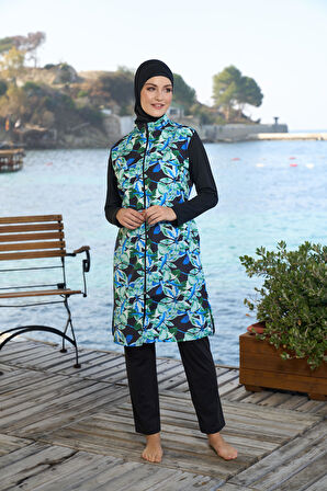 Estiva Kadın Tam Kapalı Fermuarlı Yaprak Desenli Tesettür Mayo Siyah