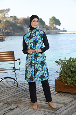 Estiva Kadın Tam Kapalı Fermuarlı Yaprak Desenli Tesettür Mayo Siyah