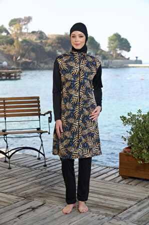 Estiva Kadın Tam Kapalı Fermuarlı Yaprak Desenli Tesettür Mayo Siyah