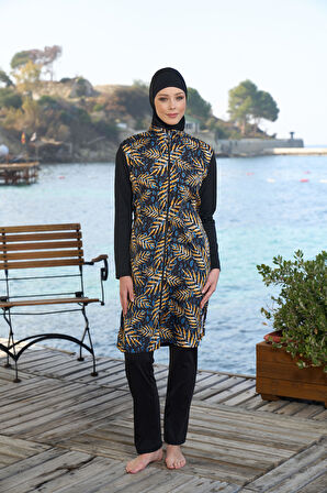 Estiva Kadın Tam Kapalı Fermuarlı Yaprak Desenli Tesettür Mayo Siyah