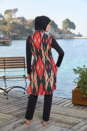 Estiva Kadın Tam Kapalı Fermuarlı Geometrik Desenli Tesettür Mayo Siyah