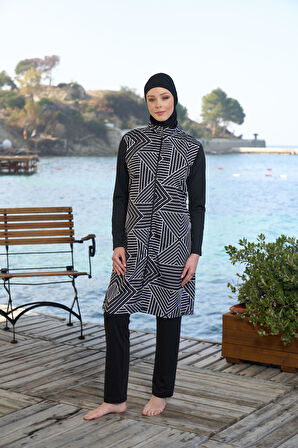 Estiva Kadın Tam Kapalı Fermuarlı Çizgi Desenli Tesettür Mayo Siyah