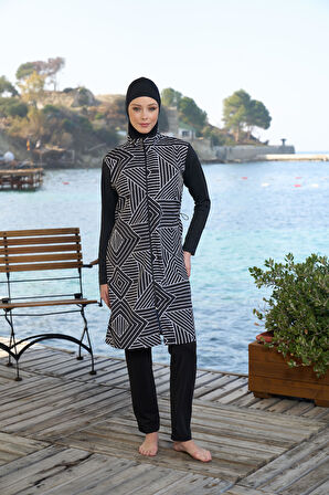 Estiva Kadın Tam Kapalı Fermuarlı Çizgi Desenli Tesettür Mayo Siyah