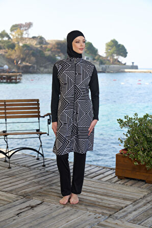 Estiva Kadın Tam Kapalı Fermuarlı Çizgi Desenli Tesettür Mayo Siyah