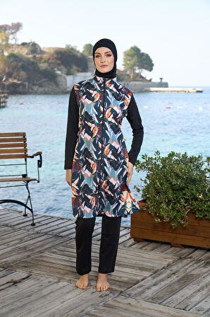 Estiva Kadın Tam Kapalı Fermuarlı Çizgi Desenli Tesettür Mayo Siyah