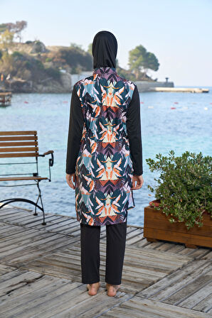 Estiva Kadın Tam Kapalı Fermuarlı Çizgi Desenli Tesettür Mayo Siyah