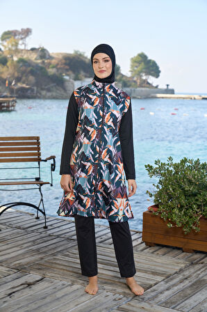 Estiva Kadın Tam Kapalı Fermuarlı Çizgi Desenli Tesettür Mayo Siyah