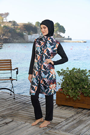 Estiva Kadın Tam Kapalı Fermuarlı Çizgi Desenli Tesettür Mayo Siyah