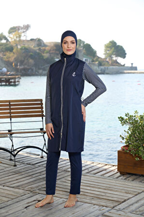 Estiva Kadın Tam Kapalı Fermuarlı Marin Desenli Tesettür Mayo Lacivert