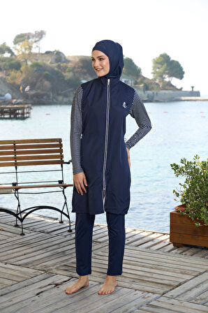 Estiva Kadın Tam Kapalı Fermuarlı Marin Desenli Tesettür Mayo Lacivert