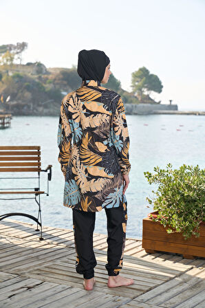 Estiva Kadın Tam Kapalı Fermuarlı Palmiye Desenli Tesettür Mayo Siyah