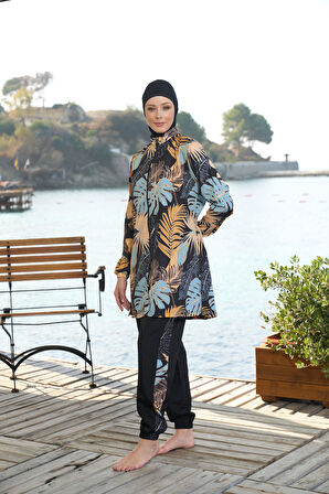 Estiva Kadın Tam Kapalı Fermuarlı Palmiye Desenli Tesettür Mayo Siyah